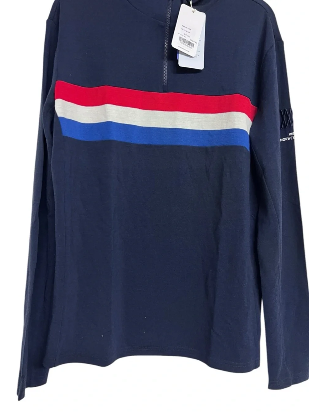 NEW Men's‎ We Norwegians Navy 1/4 Zip Sweater Flag Print Pique Merino Wool